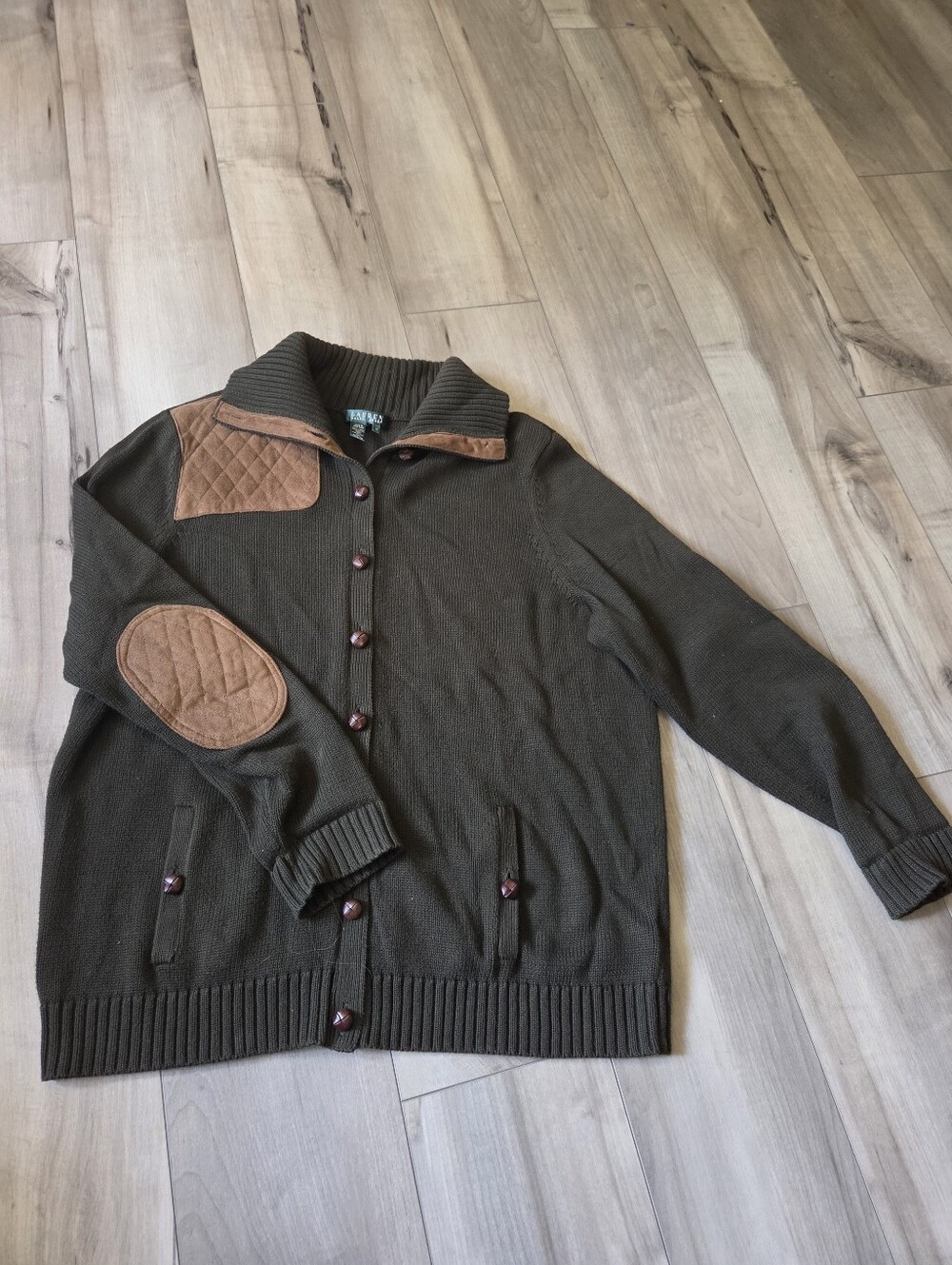 Lauren Ralph Lauren Dark Olive Cardigan with Tan Quilted Patches